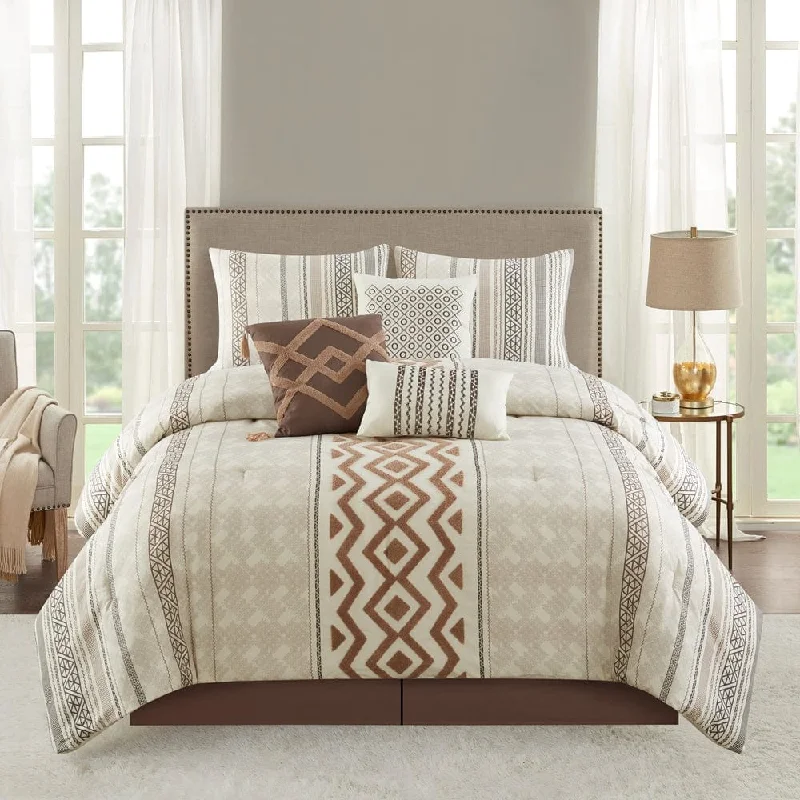 vintage chenille duvet-Serenity 7 Piece Comforter Set, Beige, Geometric