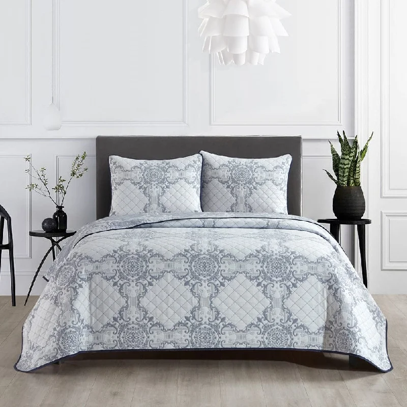 hand-stitched silk comforter-Sharai 3 Piece Quilt Set, Grey, Damask