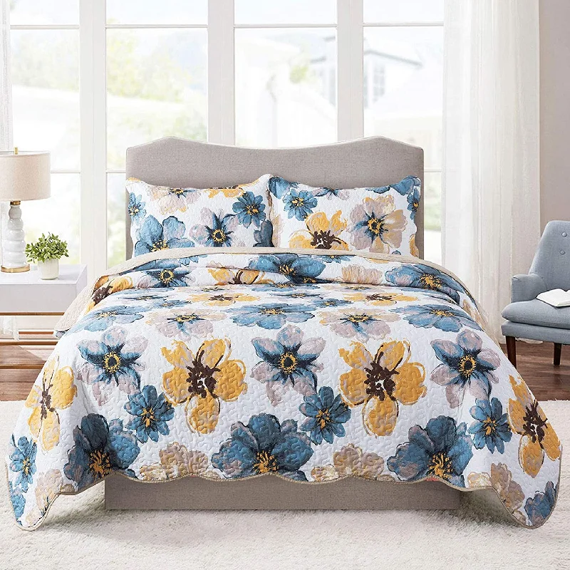 vintage chenille duvet-Splash-Ink Painting Floral Patchwork 3 Pieces Quilt Set Coverlet with 2 Pillowcases