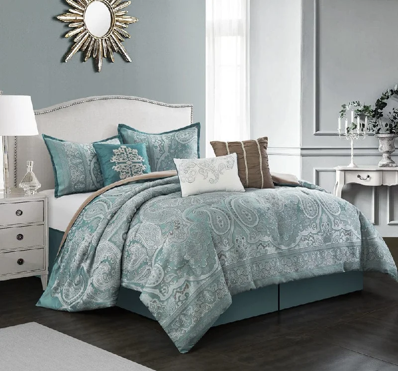 cozy silk quilt-Tamela 7-Piece Comforter Set, Paisley, Aqua