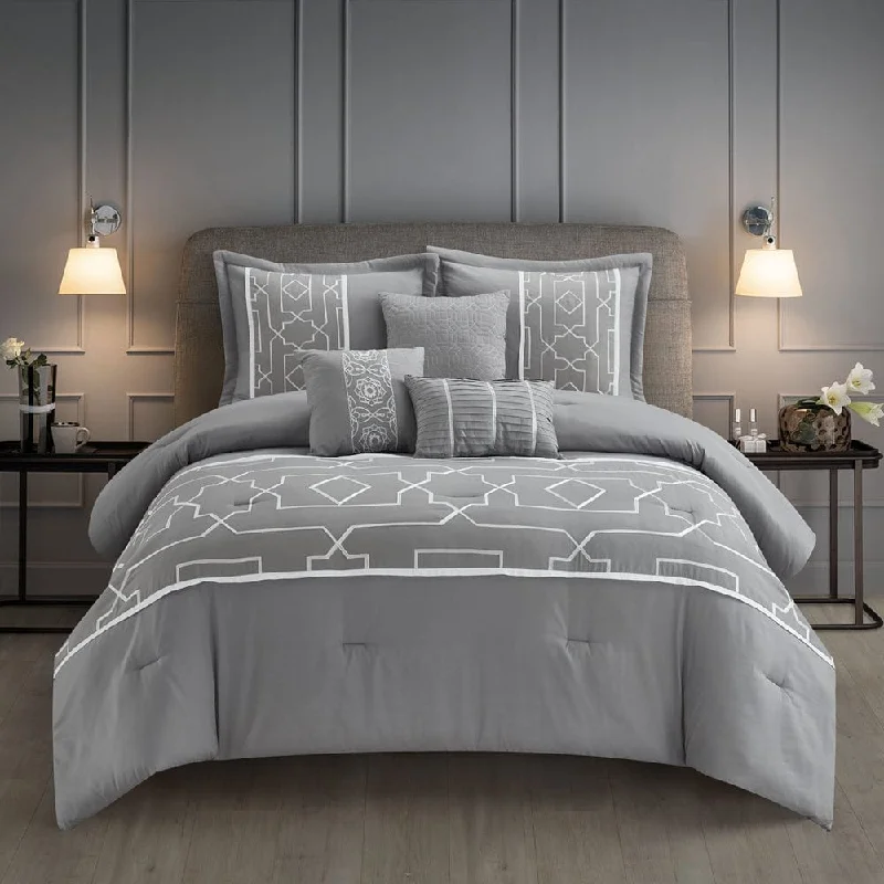 silky percale duvet cover-Tonya 6 Piece Comforter Set, Grey, Geometric