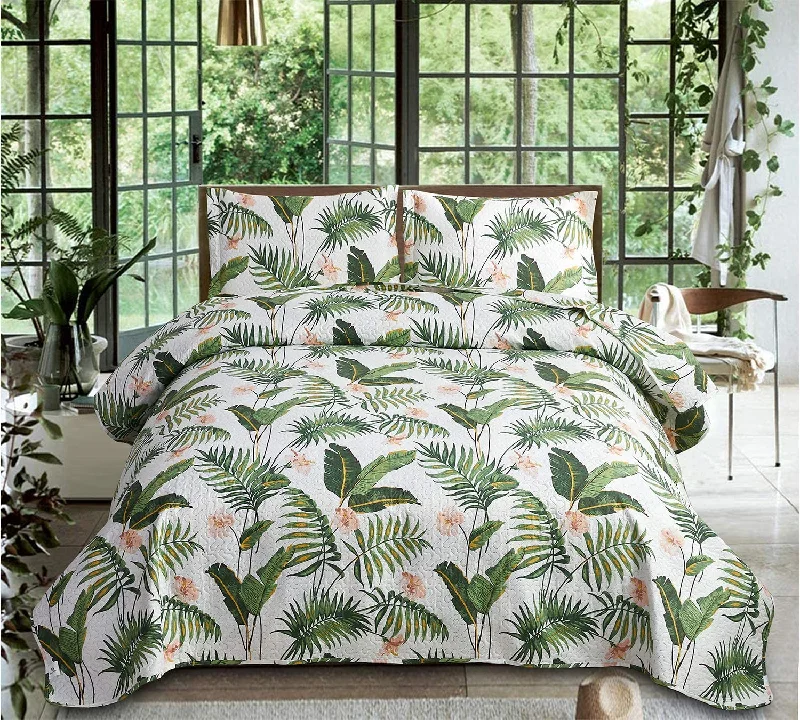 plush sateen pillow-Tropical Green Leaves Floral Bedspread 3 Pieces Quilt Set with 2 Pillowcases