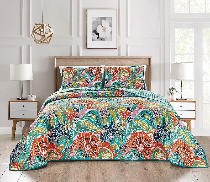 cozy fleece comforter-Vibrant and Bright Reversible Boho Style 3 Pieces Quilt Set With 2 Pillowcases