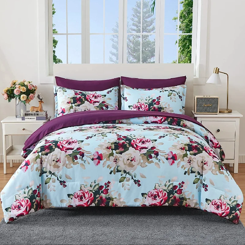 breathable cotton pillowcase-Watercolor Blooms Print Design 7 Pieces Comforter Set With 4 Pillows