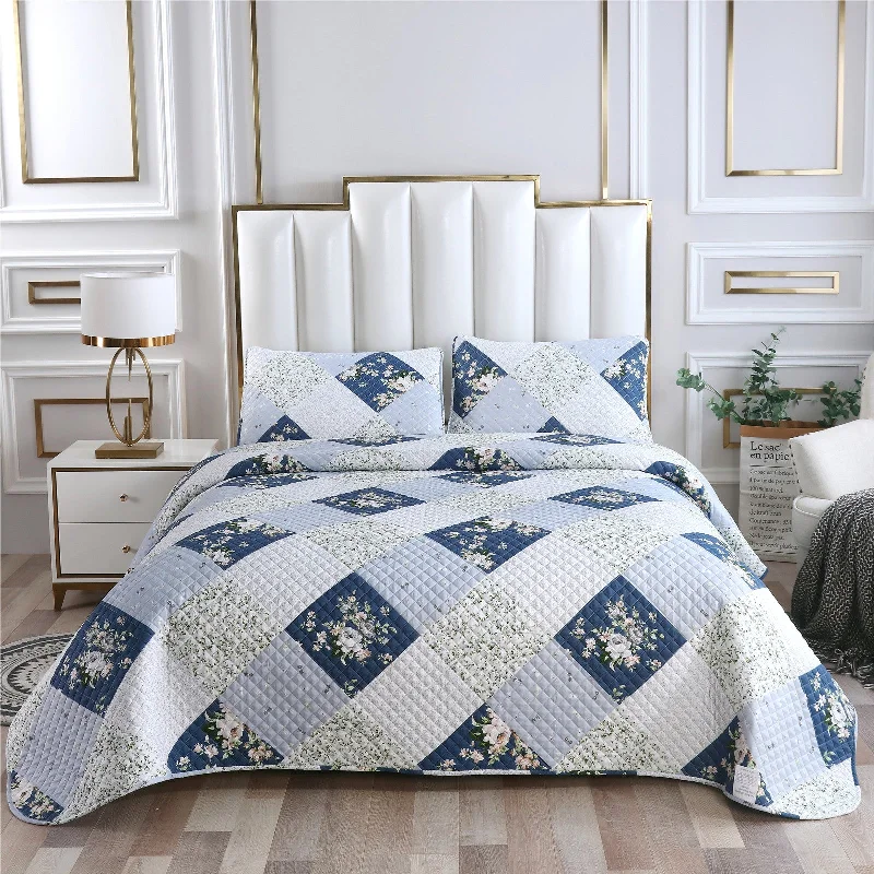 colorful floral sheets-White and Blue Stitching 3 Pieces Quilt Set with 2 Pillowcases