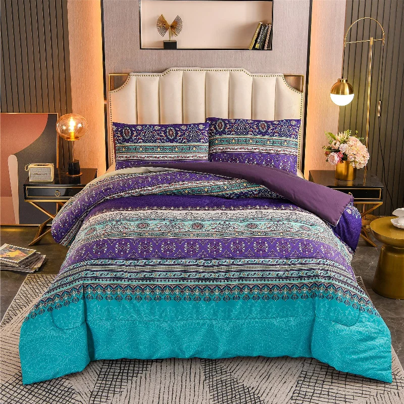 breathable silk bed set-Boho Floral Mandala Paisley Bohemian Purple Printed Comforter Set with 2 Pillowcases