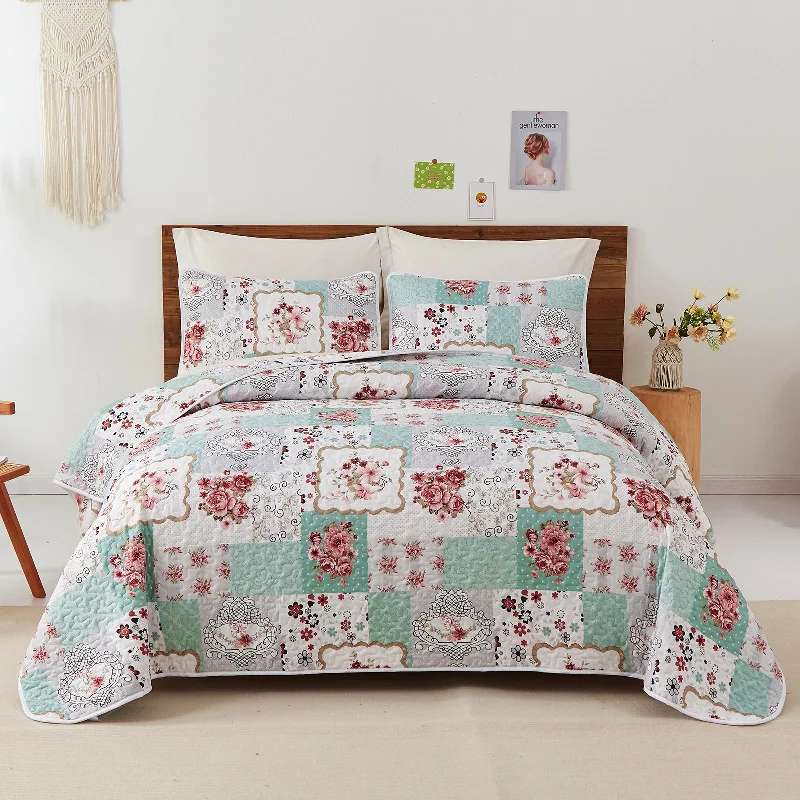 colorful polka dot pillowcase-Wongs Bedding Green Flower Stitching 3 Pieces Quilt Set With 2 Pillowcases