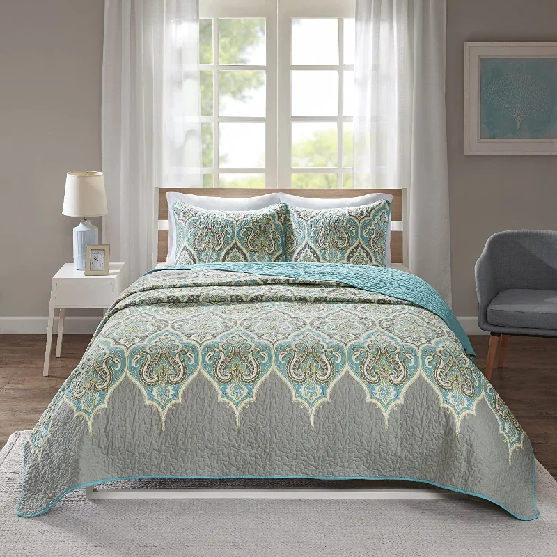 hypoallergenic satin throw-Wongs Bedding Teal Paisley Design3 Pieces Quilt Set With 2 Pillowcases