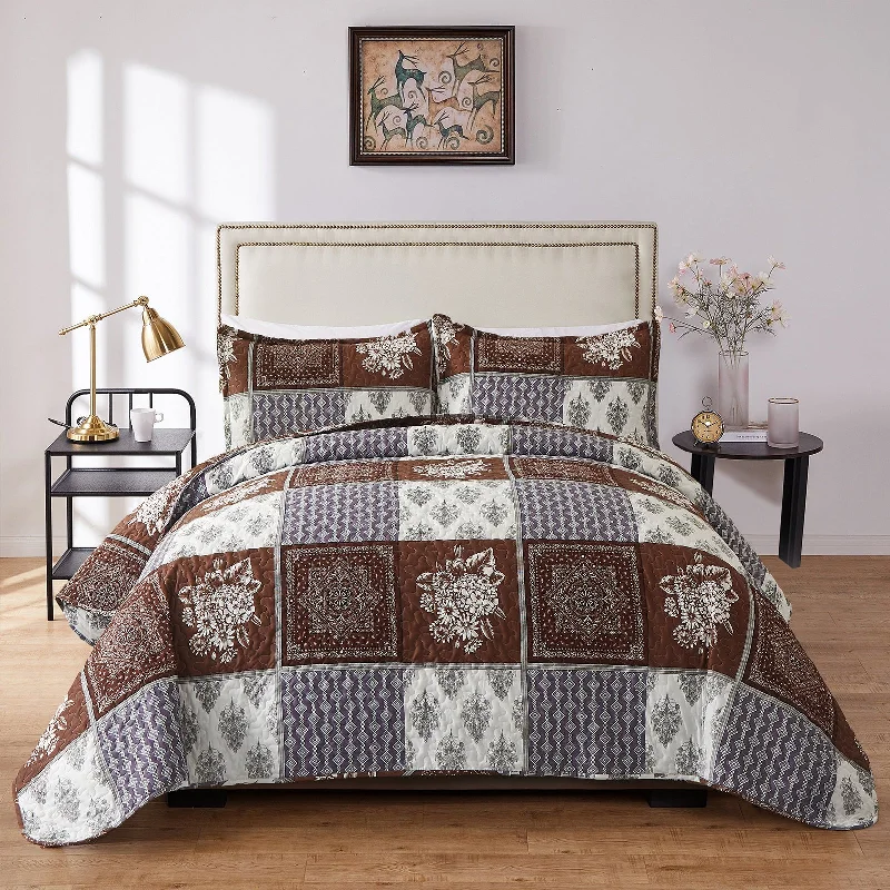 vintage wool comforter-WongsBedding Brown Floral Patchwork Quilt Bedspread Sets 3 Pieces Quilt Set With 2 Pillowshams