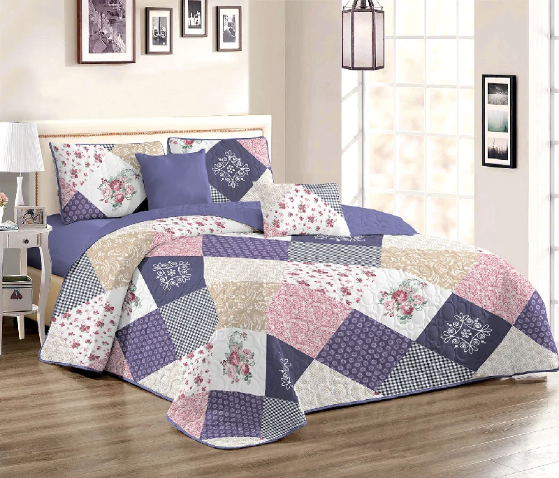 thick cotton bed set-WongsBedding Floral Patchwork Quilt Set With 2 Pillowcases