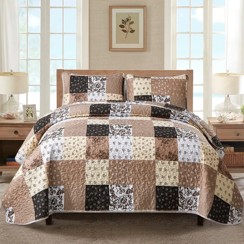 organic silk duvet-WongsBedding Brown Floral Patchwork Quilt Set With 2 Pillowcases