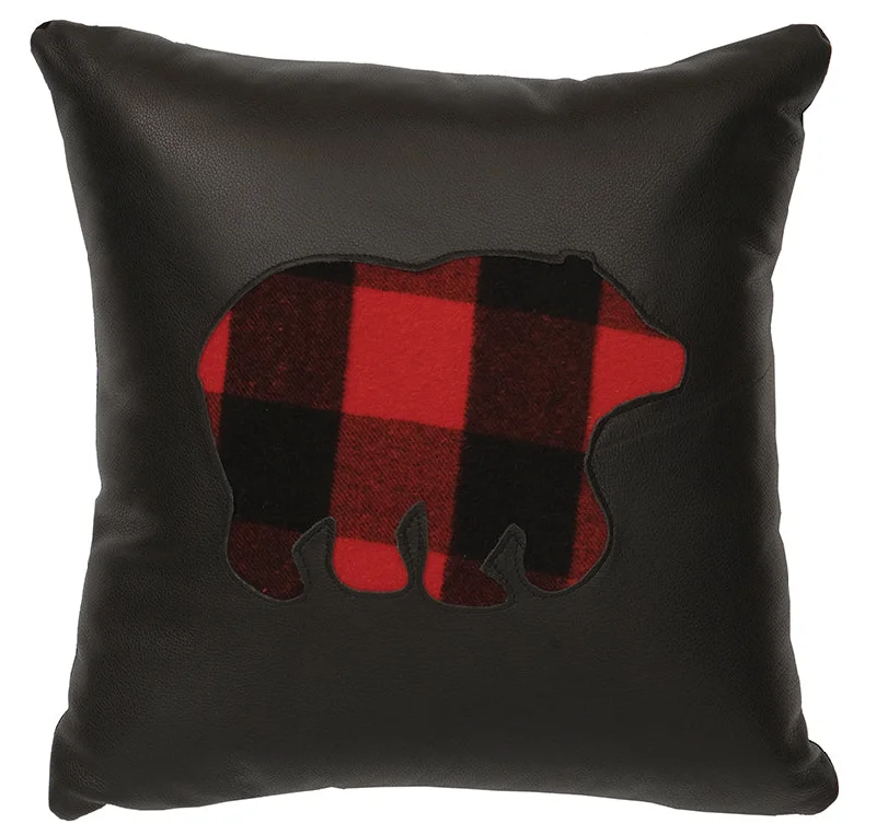 plush velvet quilt-Wooded River Plaid Bear Leather Accent Pillow