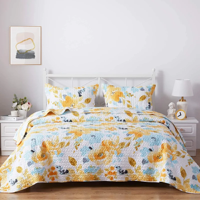 plush microfiber sheets-Yellow Blue Sunshine Flowers 3 Pieces Reversible Quilt Set with 2 Pillowcases