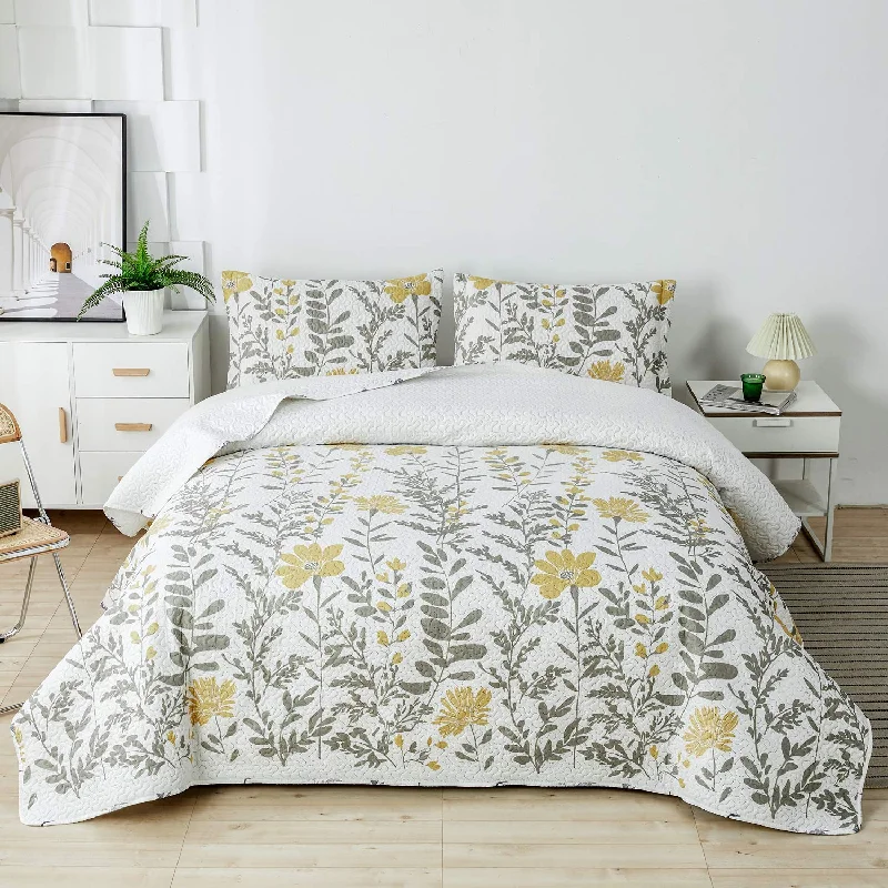 luxury fleece duvet-Yellow Flowers Quilt Set 3 Pieces Botanical Reversible Coverletes Set with 2 Pillowcases