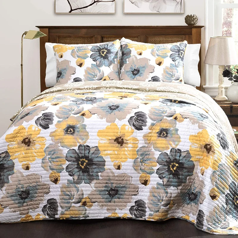 lightweight silk pillow-Yellow & Gray Splash-Ink Painting Floral Patchwork 3 Pieces Quilt Set Coverlet with 2 Pillowcasess