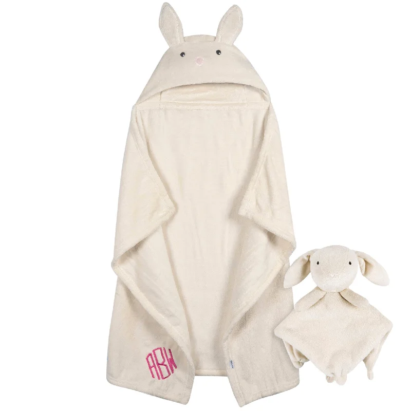 handwoven linen sheets-Embroidered 2-Piece Bunny Hooded Wearable Blanket & Security Blanket Set