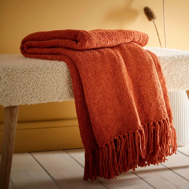 thick linen blanket-Textured Chenille Throw Terracotta