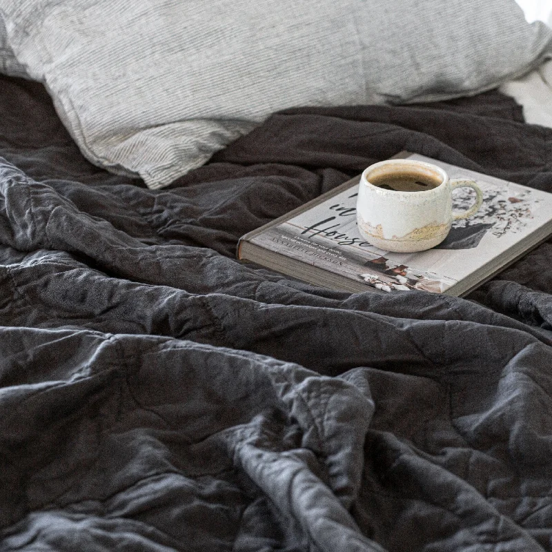 cooling linen bed topper-CIRCLE STITCHED FLAX LINEN BLANKET - DARK CHARCOAL