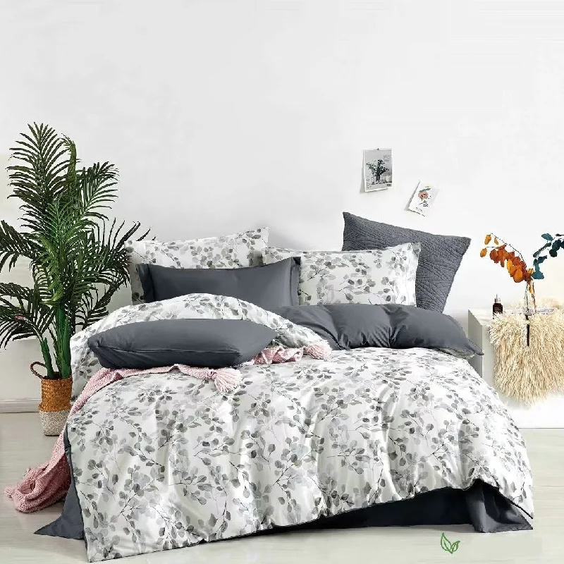 silky percale duvet cover-Leaves & Gray 3-Piece Polyester Bedding Set: Duvet Cover and Pillow Shams