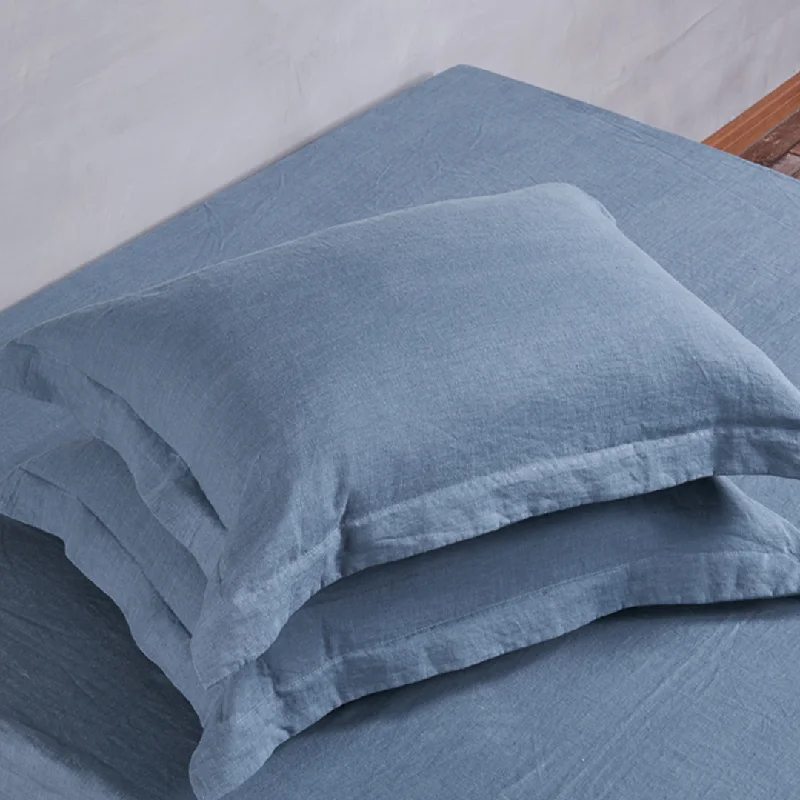 hand-stitched linen quilt-Flanged Linen Pillowcases (set of 2) French Blue