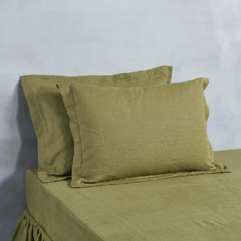 thick linen bedspread-Flanged Linen Pillowcases (set of 2)  Green Olive