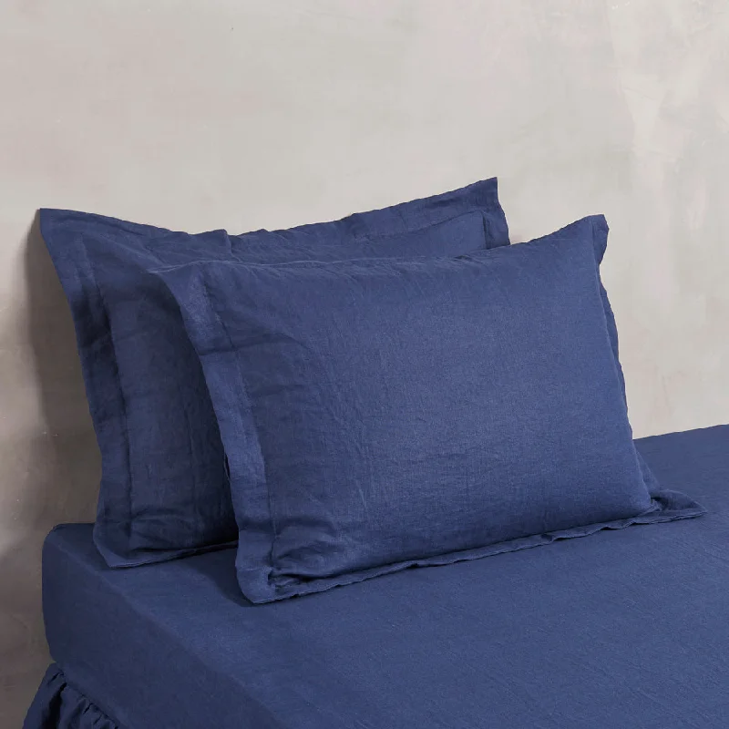 silky linen comforter-Flanged Linen Pillowcases (set of 2) Indigo Blue