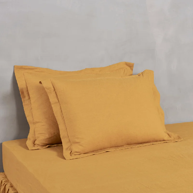 colorful striped duvet cover-Flanged Linen Pillowcases (set of 2) Mustard