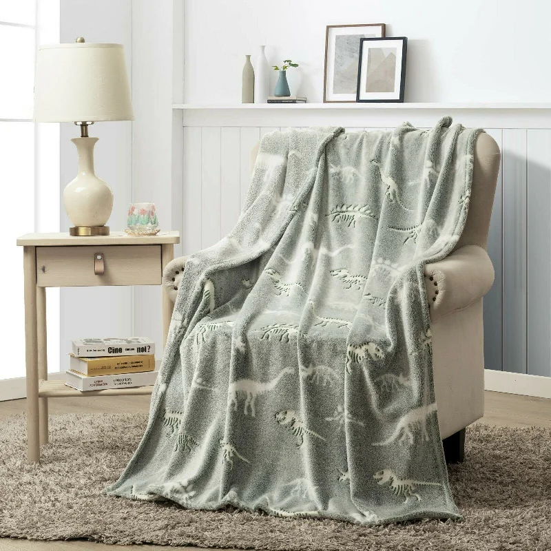 plush microfiber quilt-Glow in the Dark Throw Blanket Dinosaurs Kids Super Soft Fun Gift 50" x 60" Grey