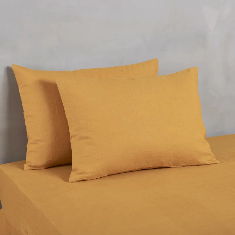 breathable silk bed set-Housewife Linen Pillowcases Pair Mustard