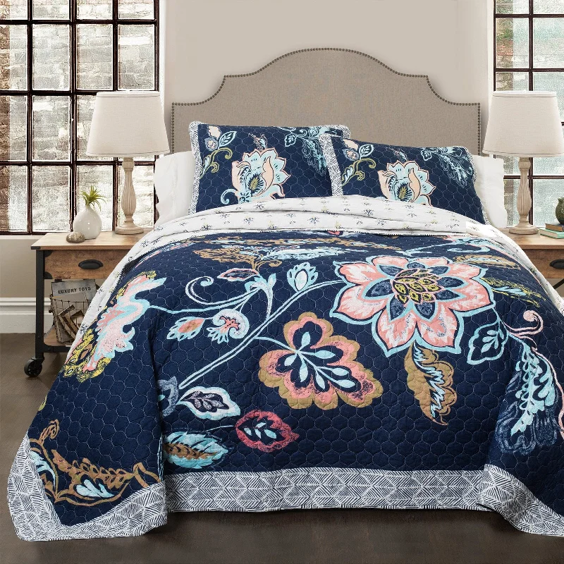 minimalist beige duvet-Lush Decor Aster Quilt Reversible Navy Blue Flower Pattern 3-Piece Bedding Set, Blanket Bedspread