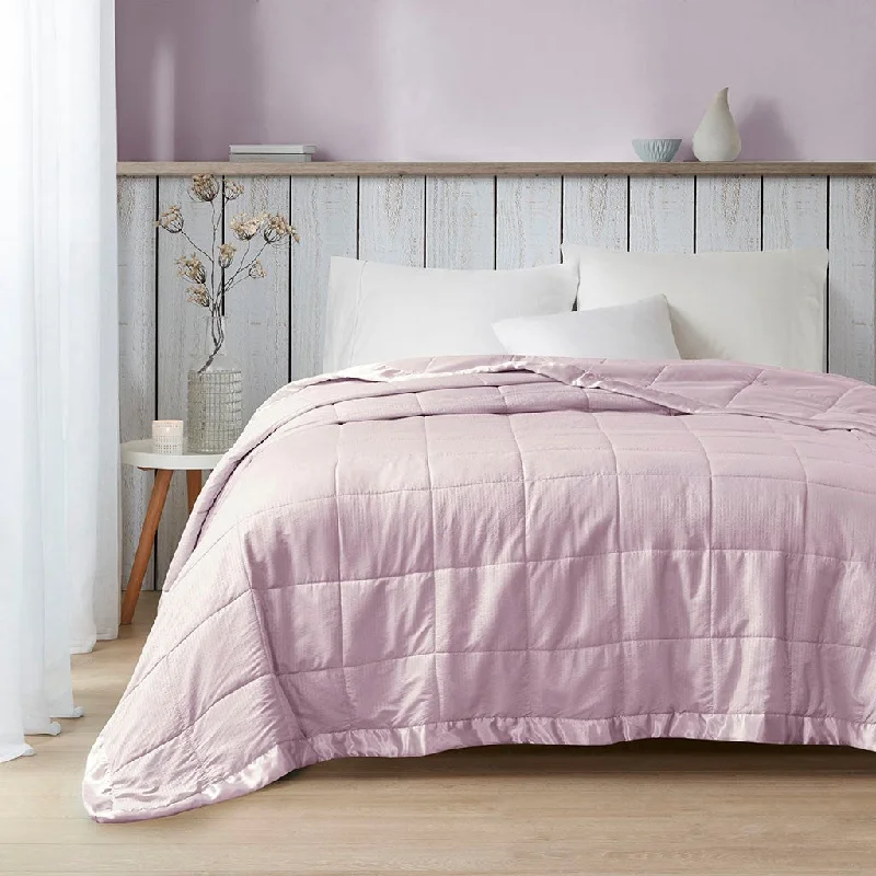 silky microfiber blanket-Cambria Oversized Down Alternative Blanket with Satin Trim - Lilac - Full Size / Queen Size