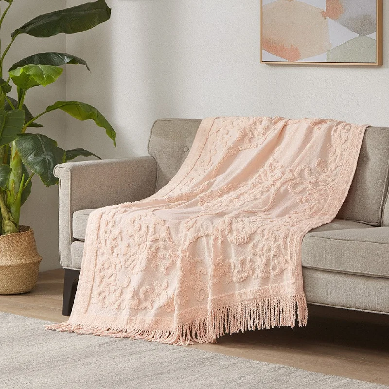 minimalist navy quilt-Chloe 100% Cotton Tufted Chenille Lightweight Throw With Fringe Tassel 50" x 60" - Blush - 50x60"