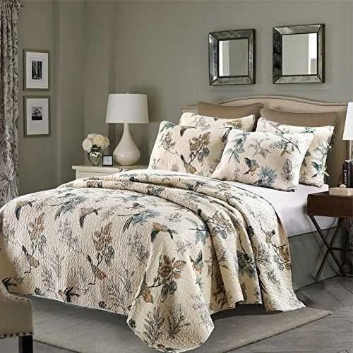 lightweight linen bedspread-King 3-Piece Cotton Quilt Bedspread Set with Floral Birds Pattern