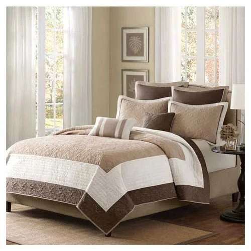 silky percale bed set-Full / Queen Brown Ivory Tan Cream 7 Piece Quilt Coverlet Bedspread Set