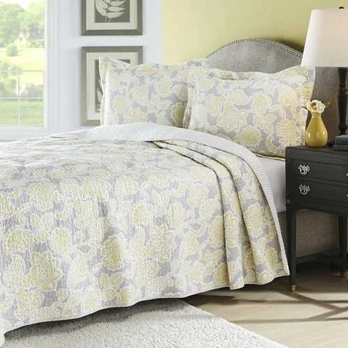 organic flannel blanket-Full / Queen 3 Piece Lightweight Floral Yellow Gray Quilt Coverlet Set