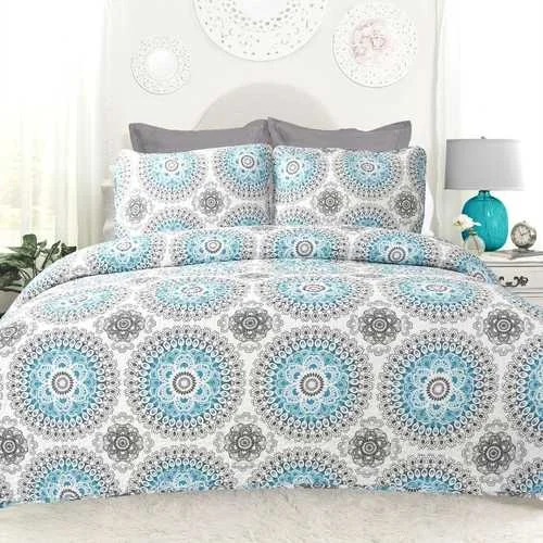 organic sateen sheets-Full / Queen 3-Piece Cotton Quit Set in Aqua Blue White and Grey Floral Pattern