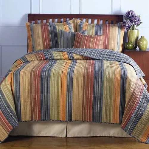 cooling linen bed topper-Full / Queen 100% Cotton Quilt Set with Red Orange Blue Brown Stripes