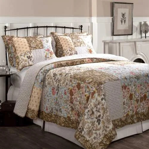 cooling bamboo bed topper-King Cotton Quilt Set in Blue Brown Peach Floral Patchwork Pattern