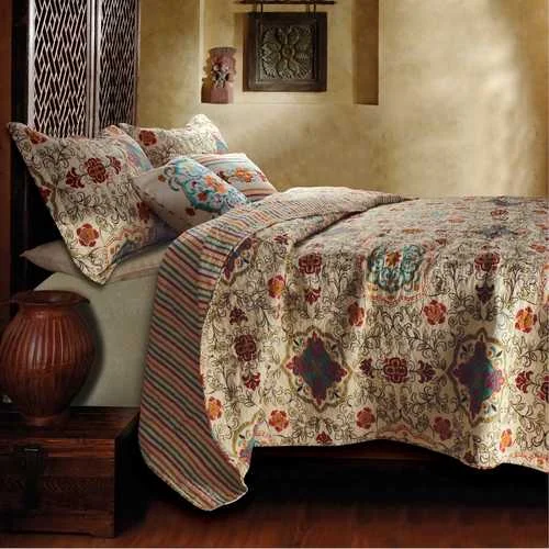 hand-stitched cotton pillowcase-King size 5 Piece Reversible Cotton Quilt Set with Bohemian Motif