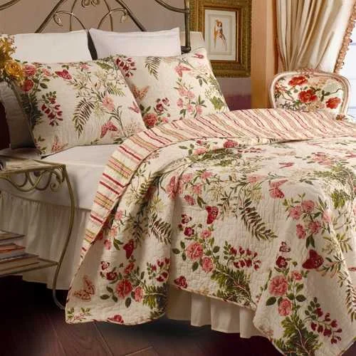 hypoallergenic linen quilt-King size 3-Piece Cotton Quilt Set in Pink Beige Floral Butterflies