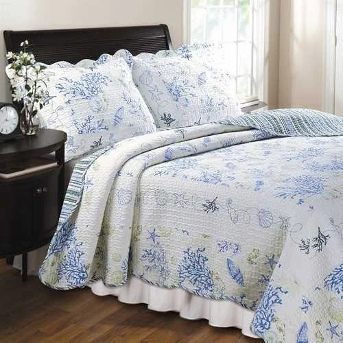 colorful floral blanket-King 100% Cotton Oversized Quilt Set in Ocean Blue Coral Seashells