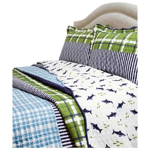 vintage knit throw blanket-King Navy Blue Green Plaid Shark Theme Reversible 3 Piece Coverlet Quilt Set