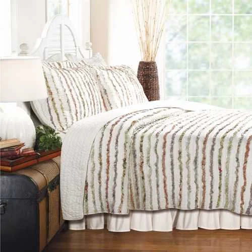 silky linen comforter-King 100% Cotton 3-Piece Oversized Quilt Set with Ruffle Stripes