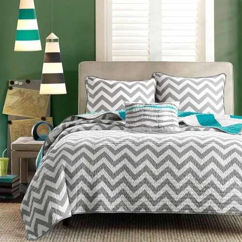 modern geometric blanket-Twin size Reversible Quilt Set in Grey White Teal Blue Green Chevron Stripe