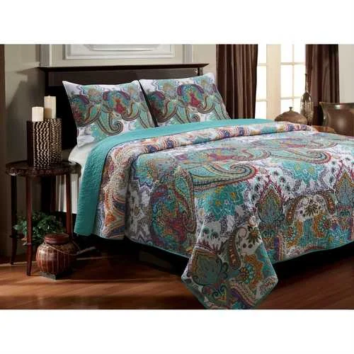 vintage tencel blanket-Twin size 3-Piece Cotton Quilt Set in Teal Multi-Color Paisley Pattern