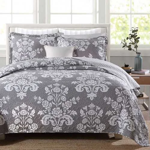 vintage chenille duvet-Queen 3-Piece Cotton Quilt Bedspread Set with Grey White Floral Pattern