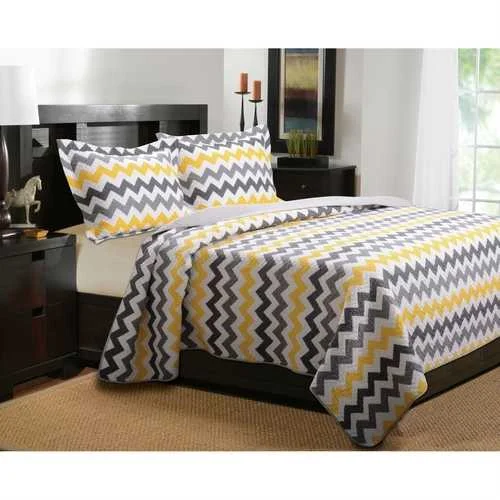 colorful striped throw-King Chevron Yellow Grey White Reversible Coverlet Quilt Set