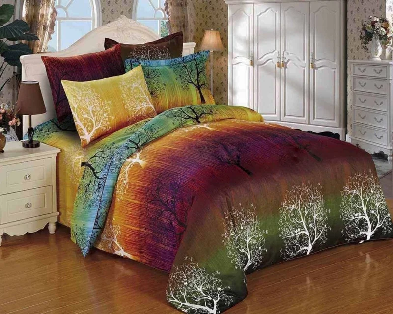 handwoven cotton comforter-Rainbow Tree 5 Piece Duvet Cover Set: Duvet Cover, Two Matching Pillowcases and Two Pillow Shams