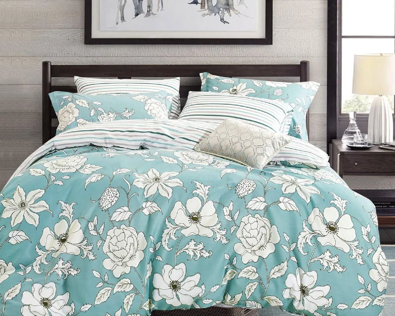 soft tencel bedspread-Blue Floral 100% Cotton Bedding Set: Duvet Cover and Pillow Shams