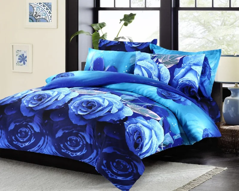 modern floral pillowcase-Blue Roses 3-Piece Microfiber Bedding Set: Duvet Cover and Pillow Shams